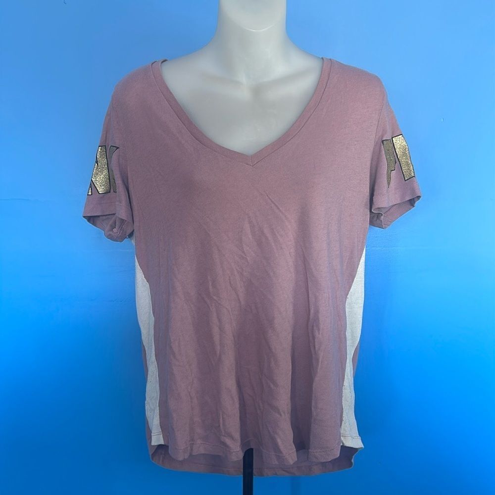 PINK by VS Women's T-Shirt M – Purple/Gold Sequin V-Neck, Stylish Casual Top